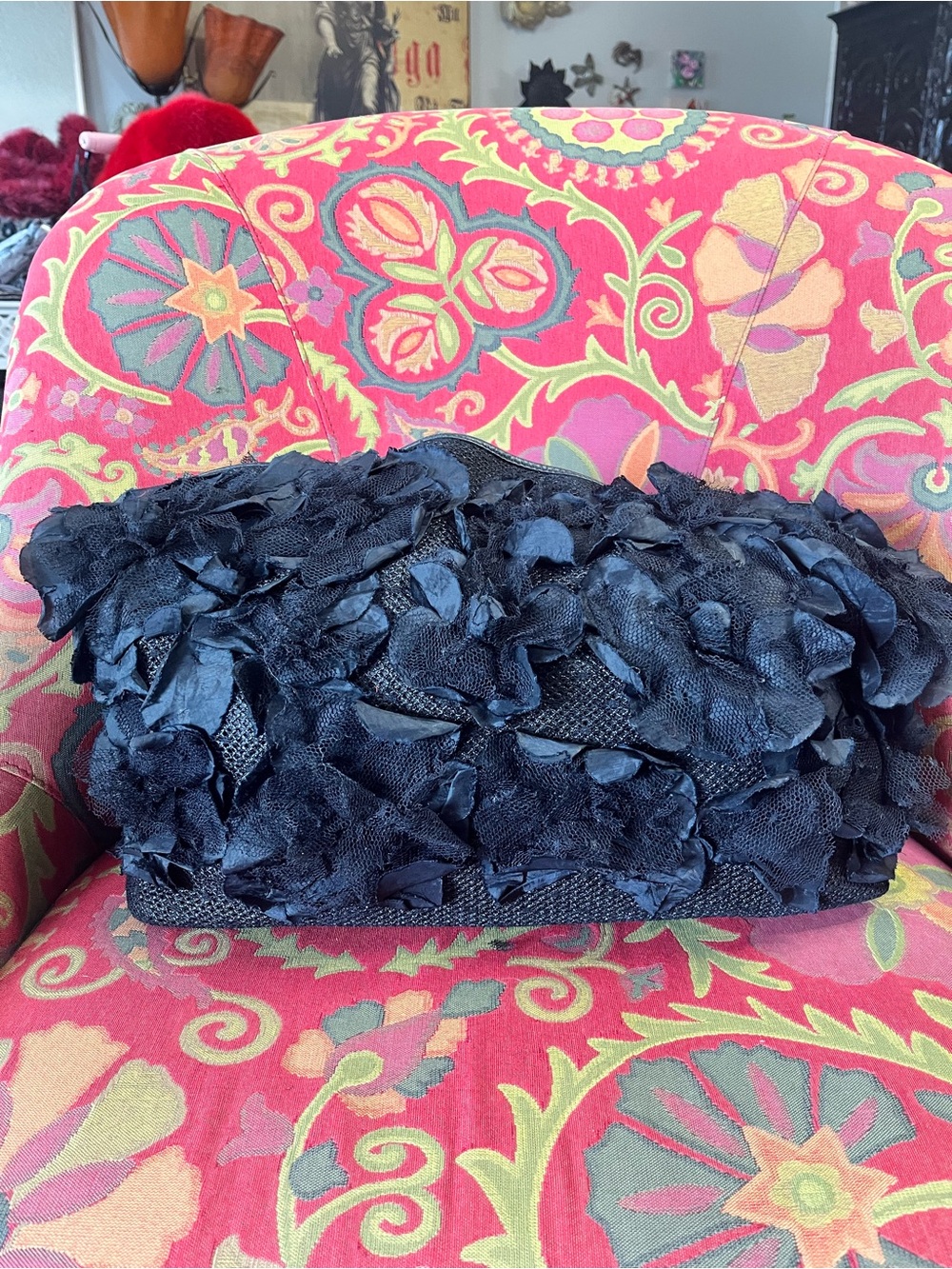 Valentino Garavani Black Floral Appliqué Straw Mesh Tote Bag